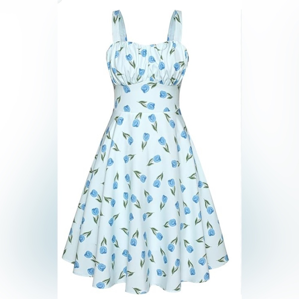BELLE POGUE Women's Blue Floral Dress M Retro Sleeveless Sweetheart Neckline NWT